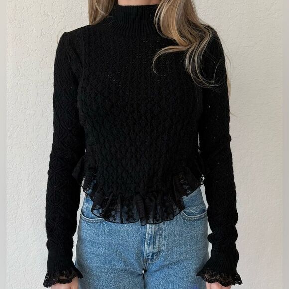 Zara Black Cable Knit Ruffle Hem Sweater - Size M - Picture 3 of 7